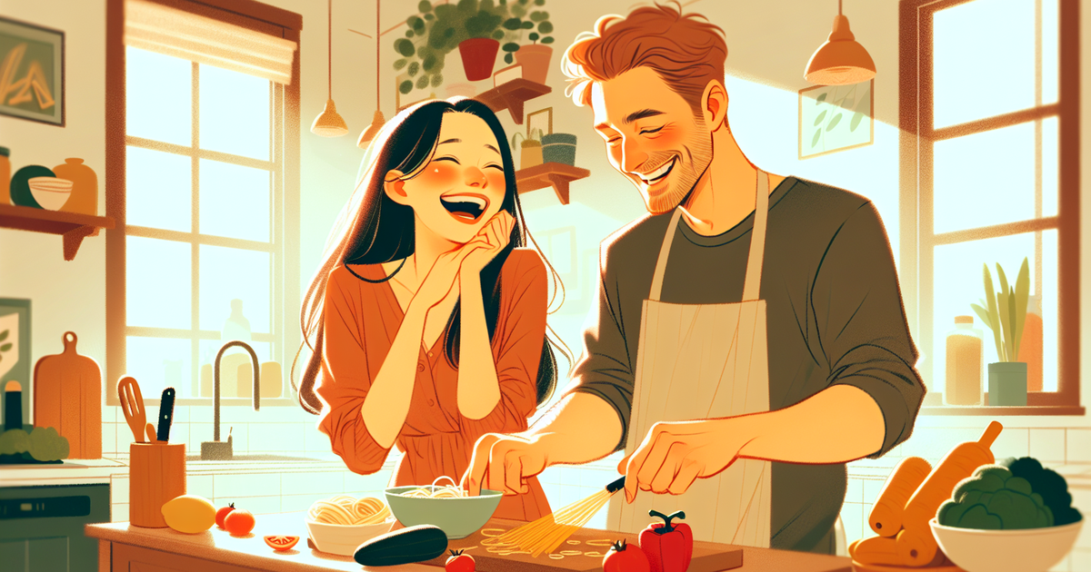 仲良しのカップルが家庭で過ごす様子を描いたイラスト