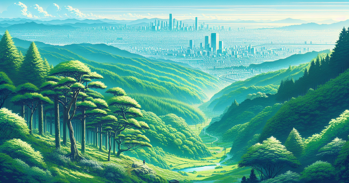 岡山県の自然と東京の都会的風景を表現したイラスト