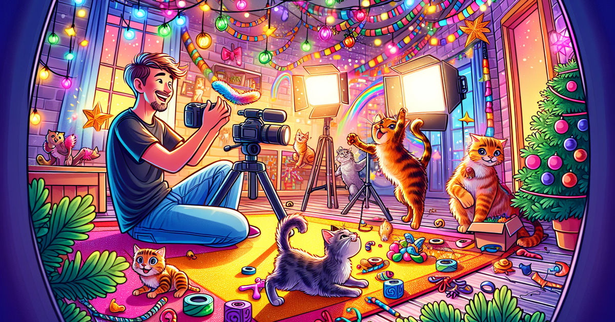 ヒカキンが猫たちを撮影している様子のイラスト