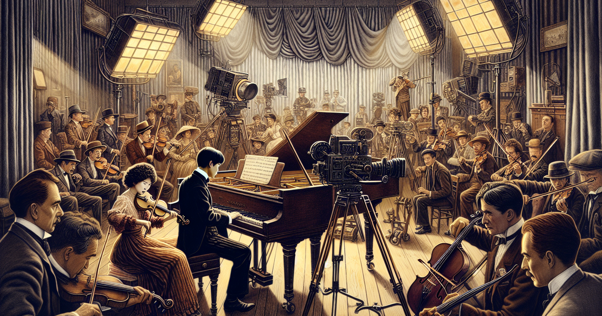 映画の撮影現場で練習しているピアニストのイラスト