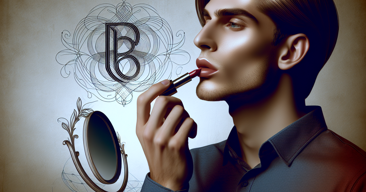 若い男性が鏡の前でリップを塗っているイラスト