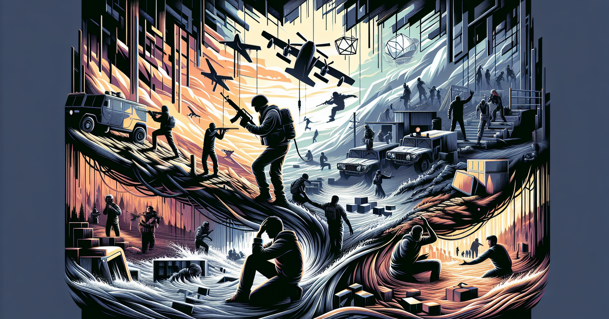 サバイバルゲームの緊迫したシーンを描いたデジタルアート