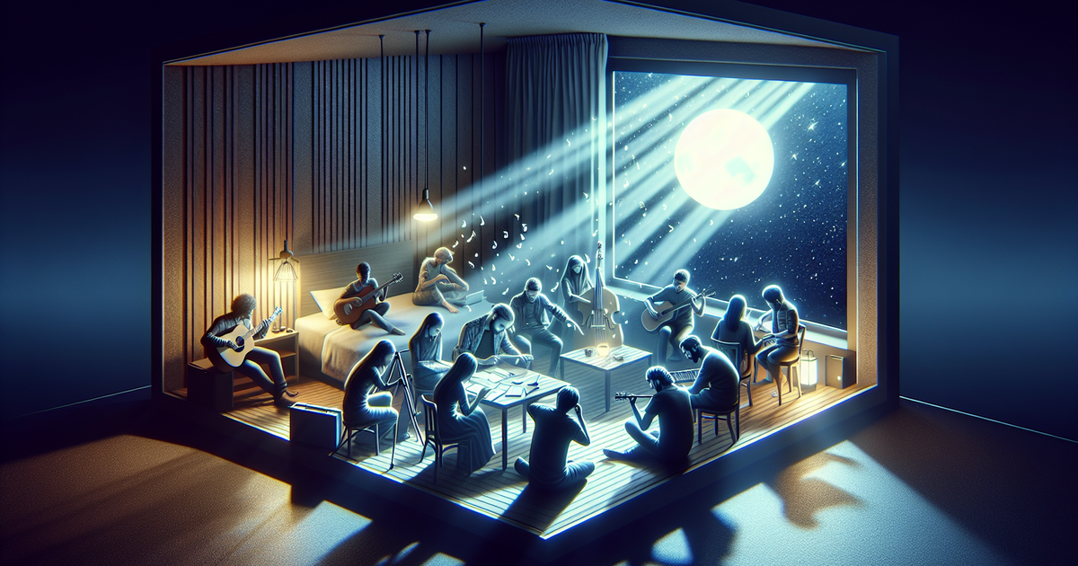 楽曲制作のアイデアを練る夜のホテルのシーン