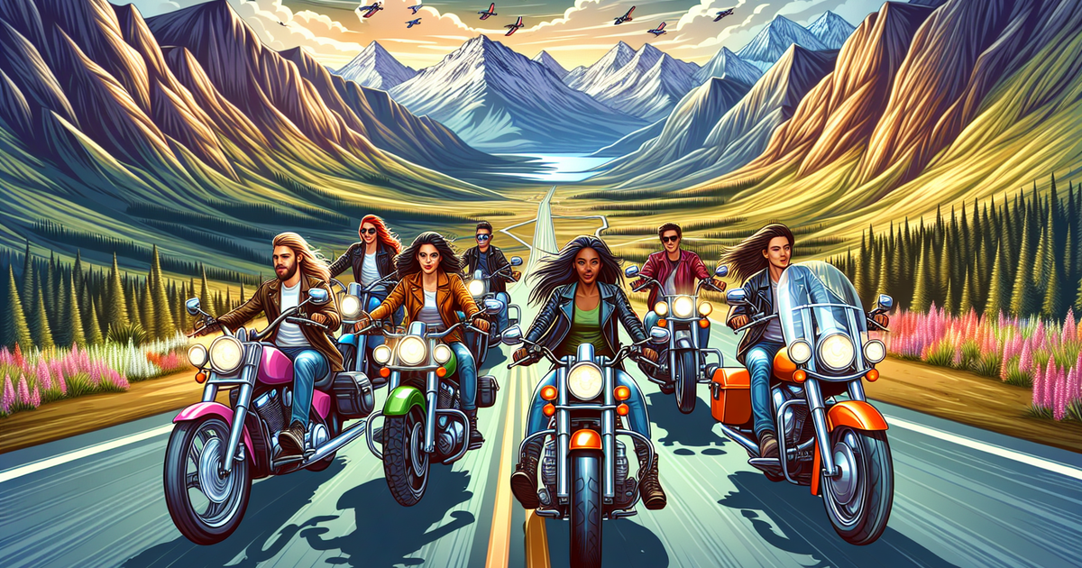 山道を走るライダーたちのダイナミックなイラスト