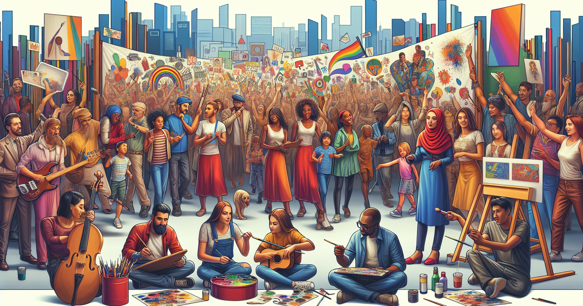 社会貢献活動に参加するアーティストたちの概念イラスト