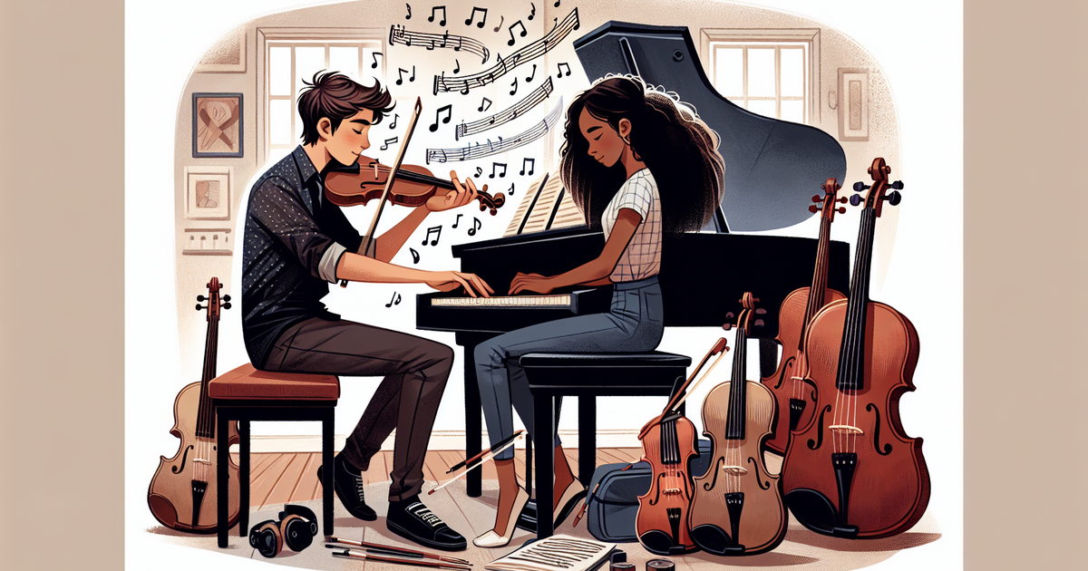 ピアニストとヴァイオリニストが一緒に練習しているイラスト