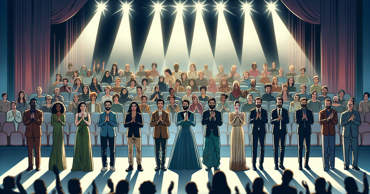 観客から拍手を受ける若手俳優たちのイラスト