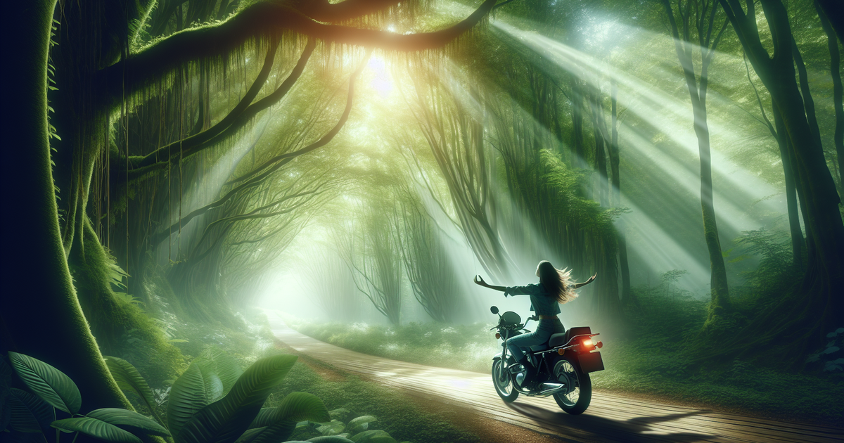 森林の中を走るライダーの穏やかな瞬間を描いたイラスト