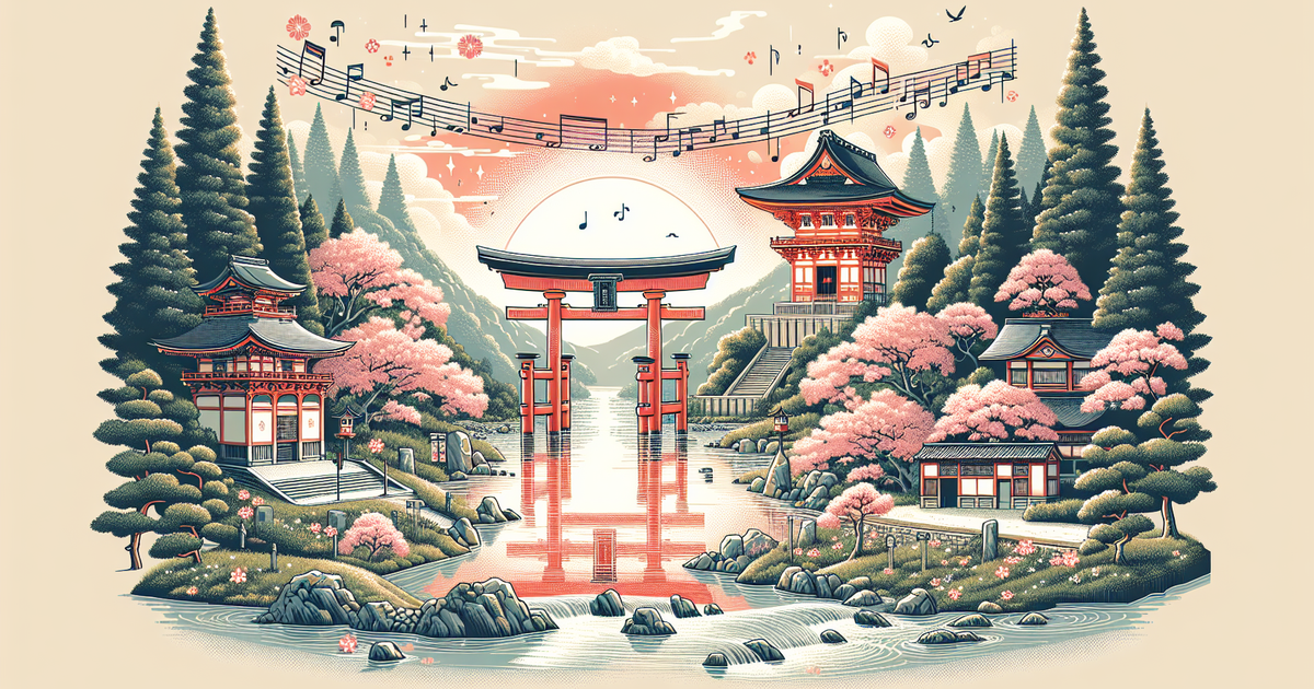 藤井風の音楽に関連する岡山の聖地巡礼スポットを描いたイラスト