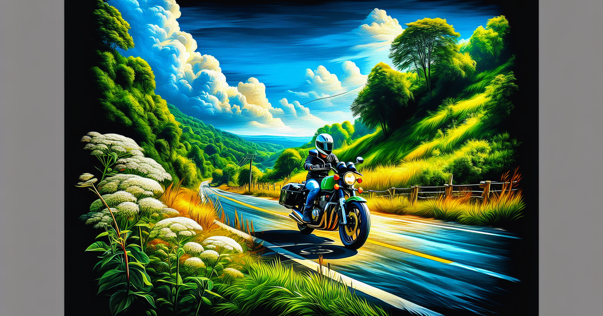 バイクが美しい風景の中を走る様子を描いたイラスト