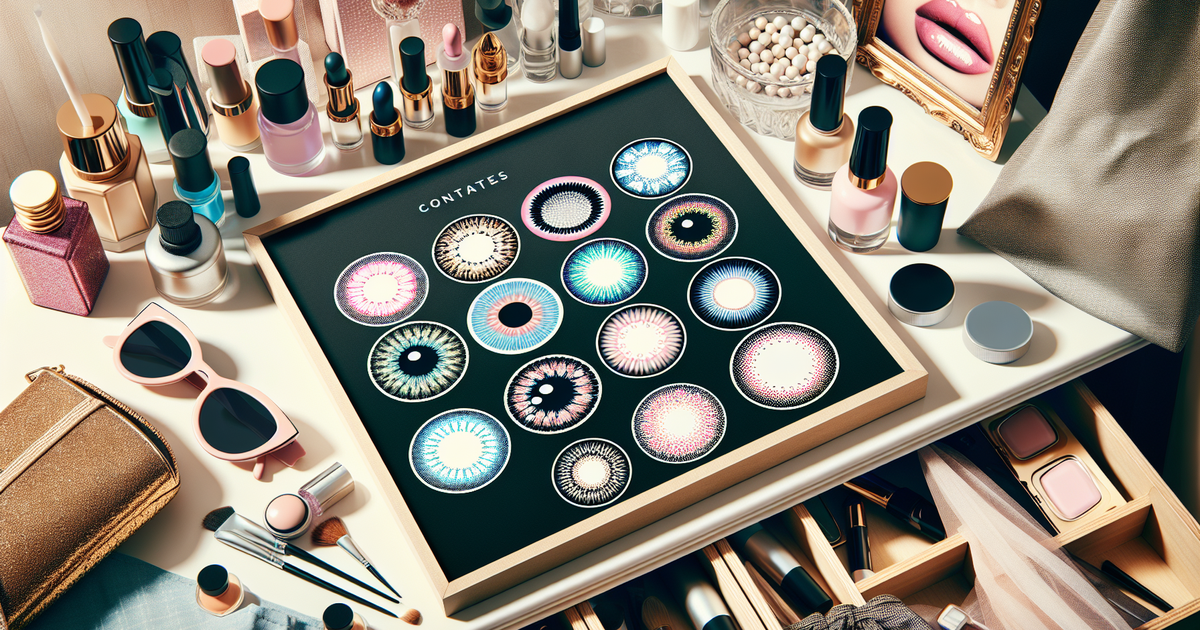 カラフルなカラコンが美しい化粧台に並んでいるイラスト